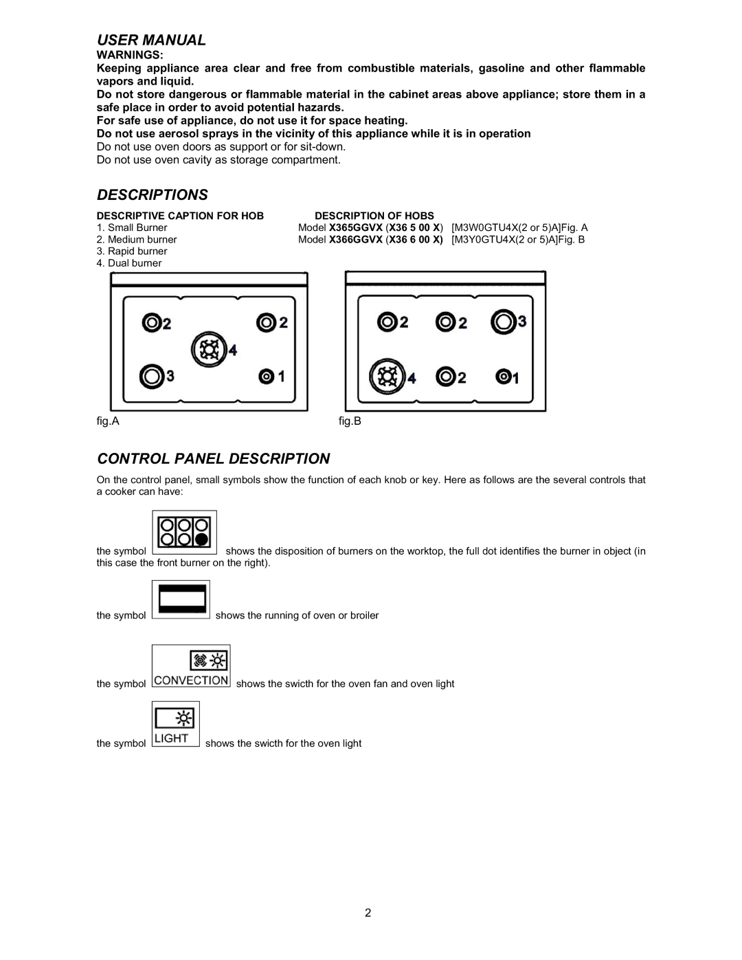 Bertazzoni X365GGVX (X36 5 00 X), X366GGVX (X36 6 00 X) Descriptions, Control Panel Description, Model X365GGVX X36 5 00 