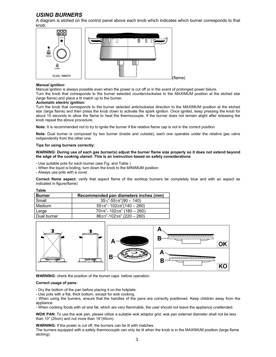 Bertazzoni X365GGVX, X366GGVX dimensions Using Burners, Tips for using burners correctly, Correct usage of pans 