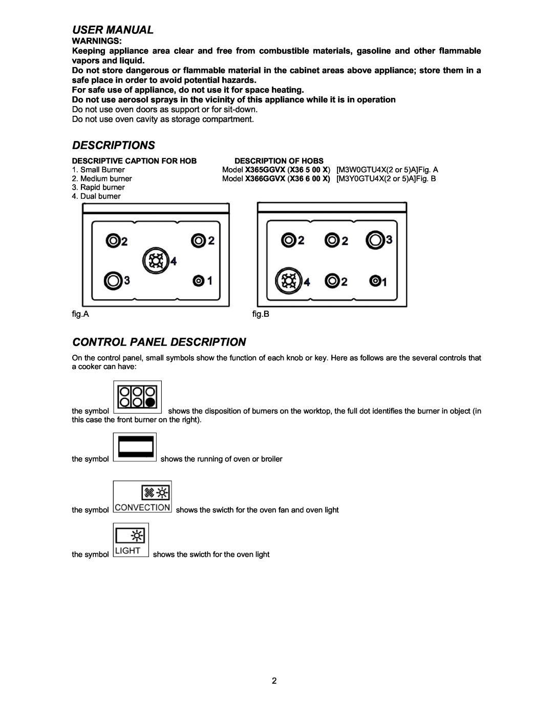 Bertazzoni X365GGVX (X36 5 00 X), X366GGVX (X36 6 00 X) dimensions Descriptions, Control Panel Description 