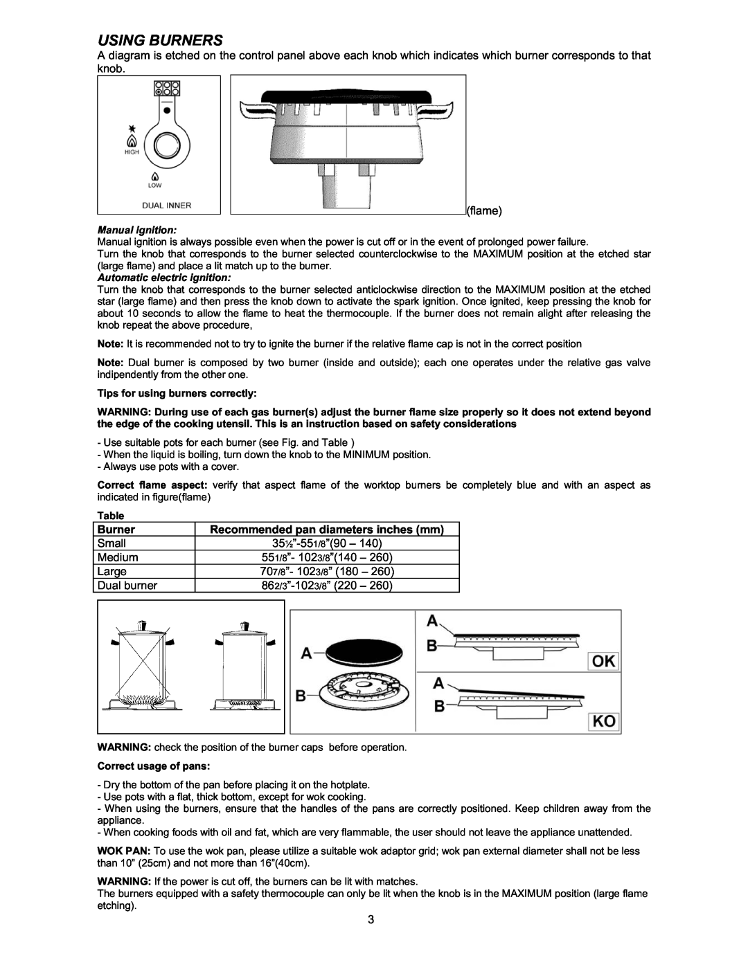 Bertazzoni X365GGVX Using Burners, 35½”-551/8”90, 551/8”- 1023/8”140, 707/8”- 1023/8”, 862/3”-1023/8”220, Manual ignition 