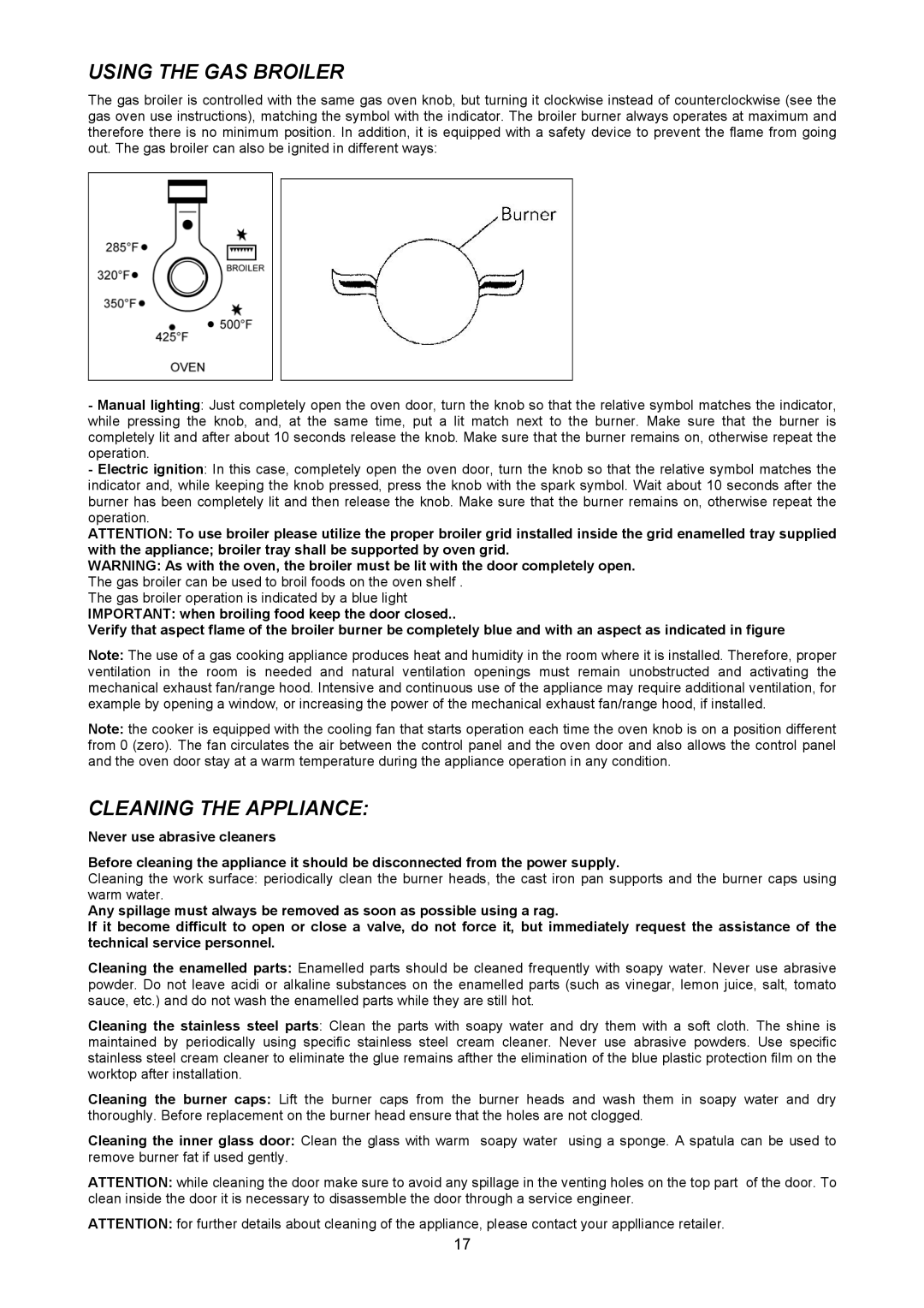 Bertazzoni X366GGVX (X36 6 00 X), X365GGVX (X36 5 00 X) manual Using the GAS Broiler, Cleaning the Appliance 