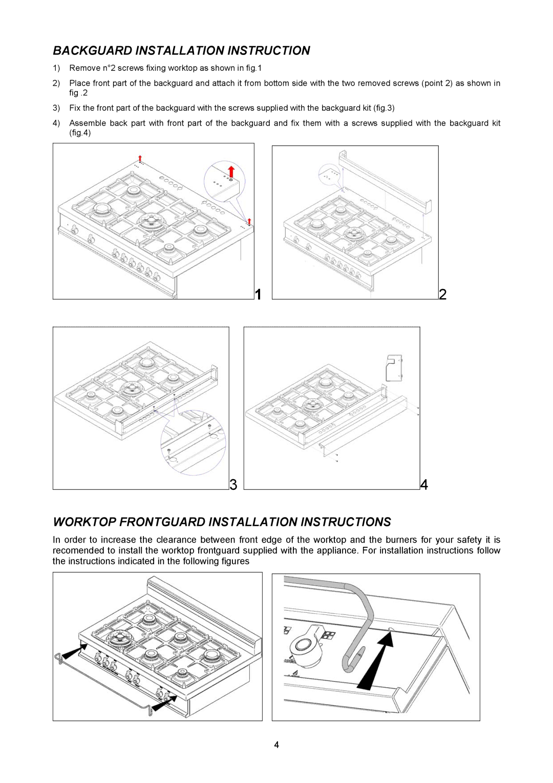 Bertazzoni X365GGVX (X36 5 00 X) manual Backguard Installation Instruction, Worktop Frontguard Installation Instructions 