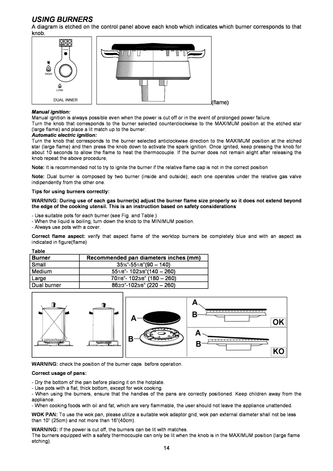 Bertazzoni X365GGVX (X36 5 00 X), X366GGVX (X36 6 00 X) manual Using Burners, Recommended pan diameters inches mm 