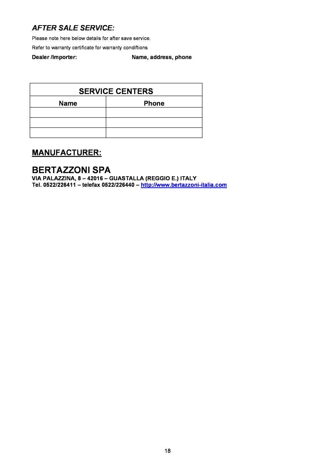 Bertazzoni X365GGVX (X36 5 00 X) manual Bertazzoni Spa, Service Centers, Manufacturer, After Sale Service, Name, Phone 