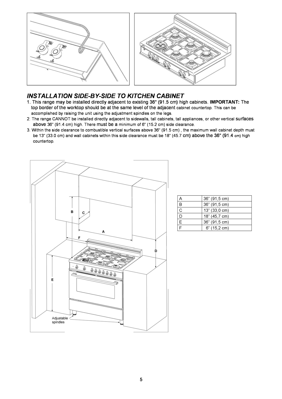 Bertazzoni X366GGVX (X36 6 00 X), X365GGVX (X36 5 00 X) manual Installation Side-By-Side To Kitchen Cabinet 