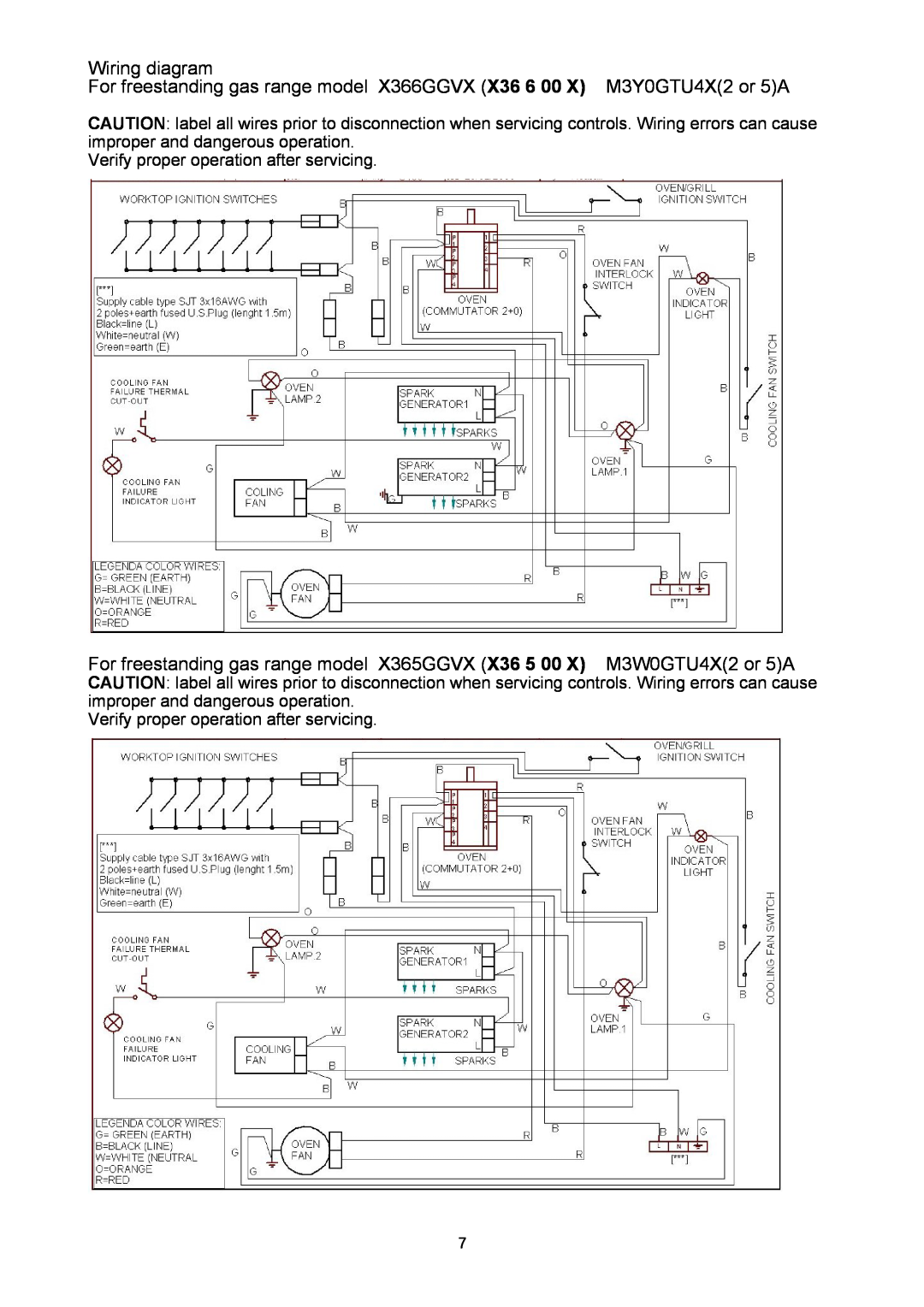 Bertazzoni X366GGVX (X36 6 00 X) Wiring diagram, For freestanding gas range model X366GGVX X36 6 00 X M3Y0GTU4X2 or 5A 