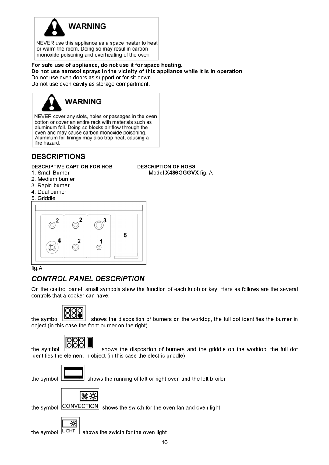 Bertazzoni X486GGGVX dimensions Descriptions, Control Panel Description 