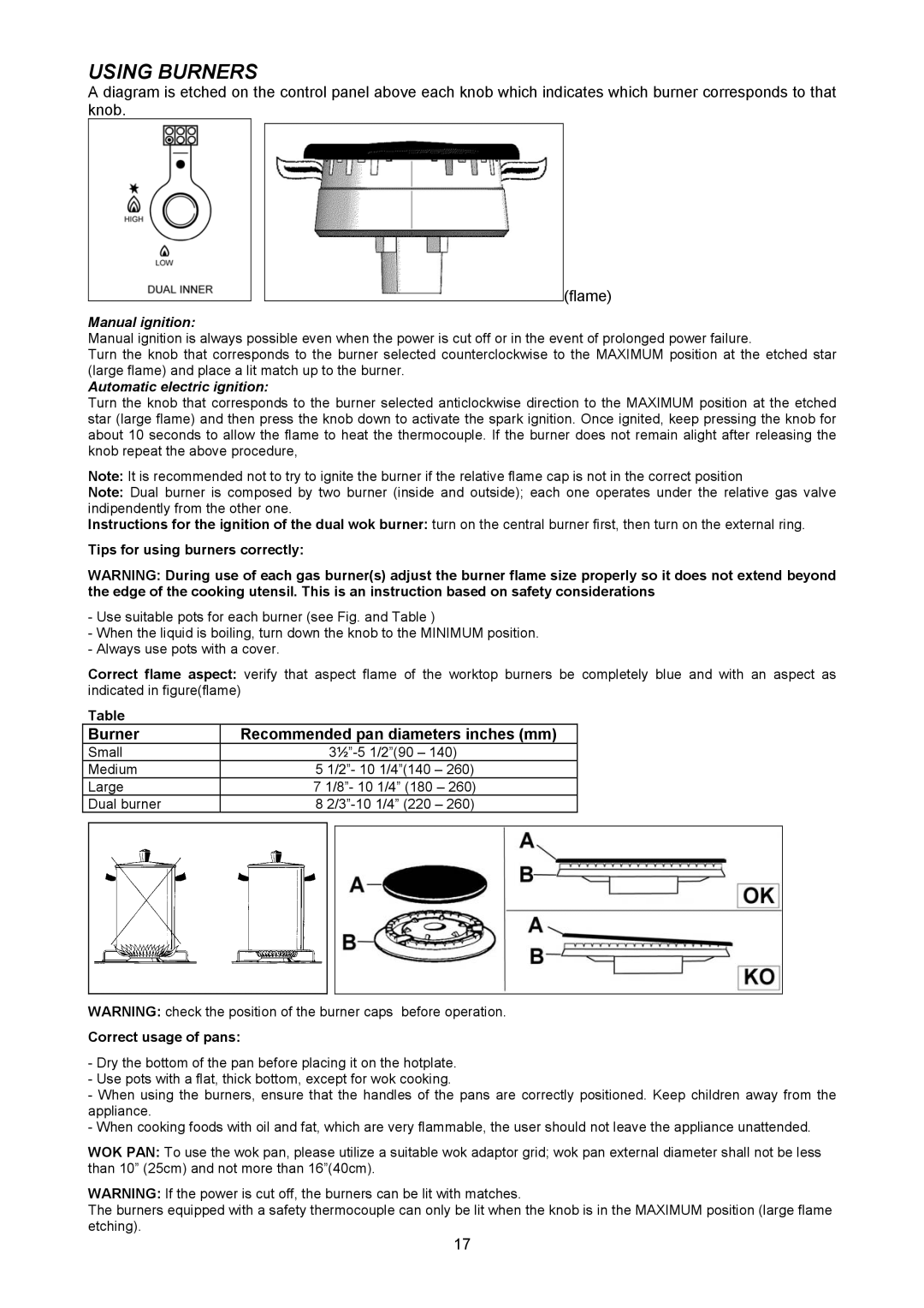 Bertazzoni X486GGGVX dimensions Using Burners, Manual ignition 