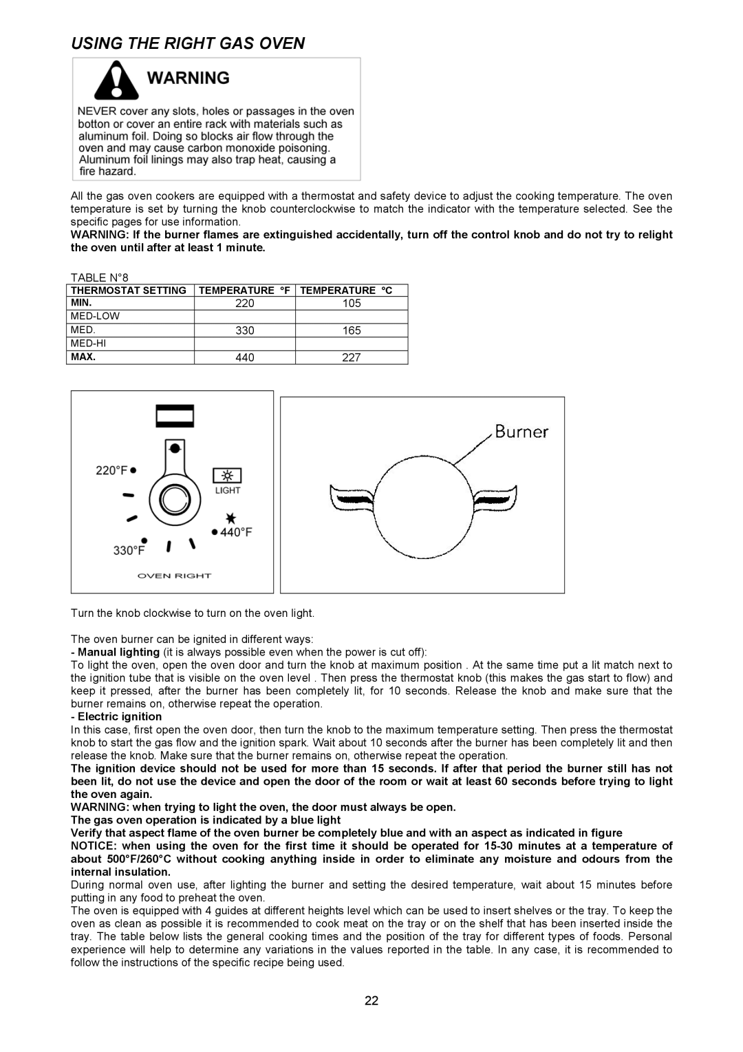 Bertazzoni X486GGGVX dimensions Using the Right GAS Oven, Table N8 