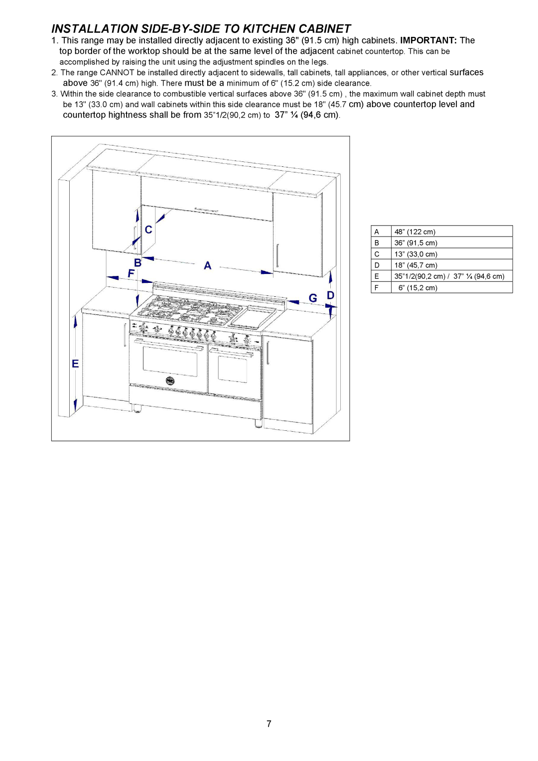 Bertazzoni X486GGGVX dimensions Installation SIDE-BY-SIDE to Kitchen Cabinet 