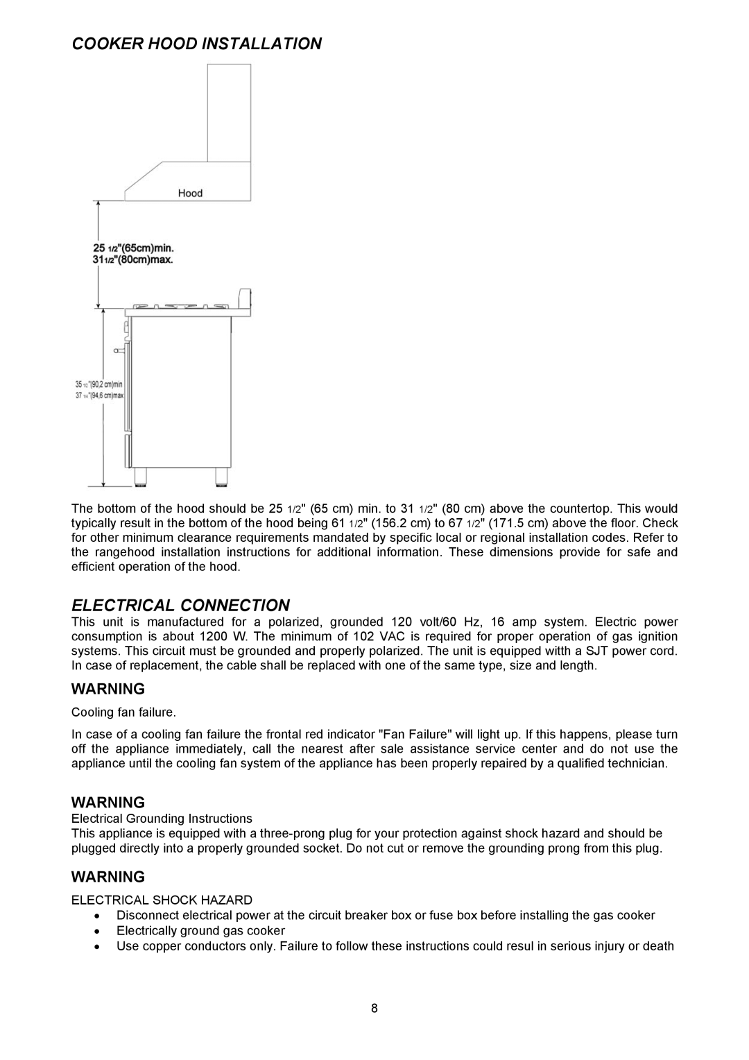 Bertazzoni X486GGGVX dimensions Cooker Hood Installation, Electrical Connection 