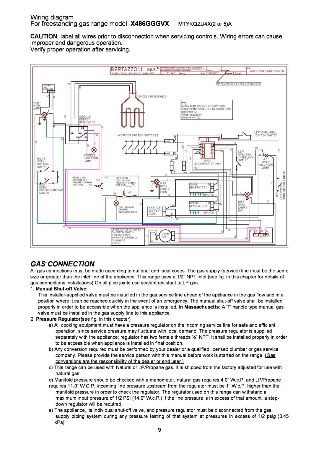 Bertazzoni X486GGGVX dimensions Gas Connection, Wiring diagram, Verify proper operation after servicing 