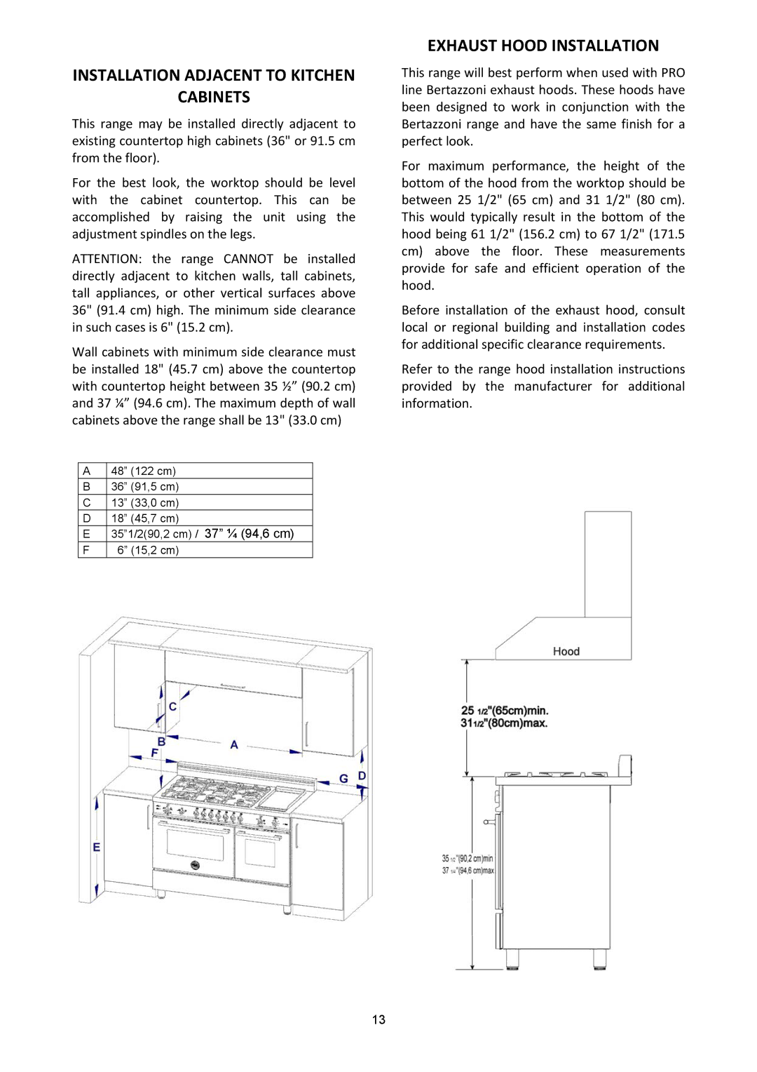 Bertazzoni X)486GPIRVE, X)486GPIRX, X)486GPIRVI, (A Installation Adjacent to Kitchen Cabinets, Exhaust Hood Installation 