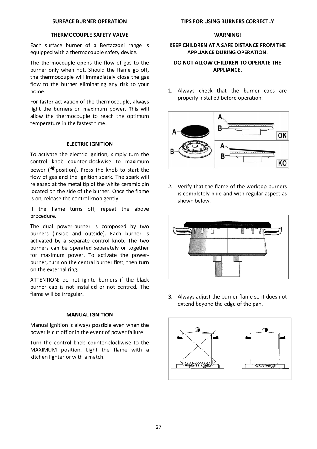 Bertazzoni X)486GPIRCR, X)486GPIRX Surface Burner Operation Thermocouple Safety Valve, Electric Ignition, Manual Ignition 