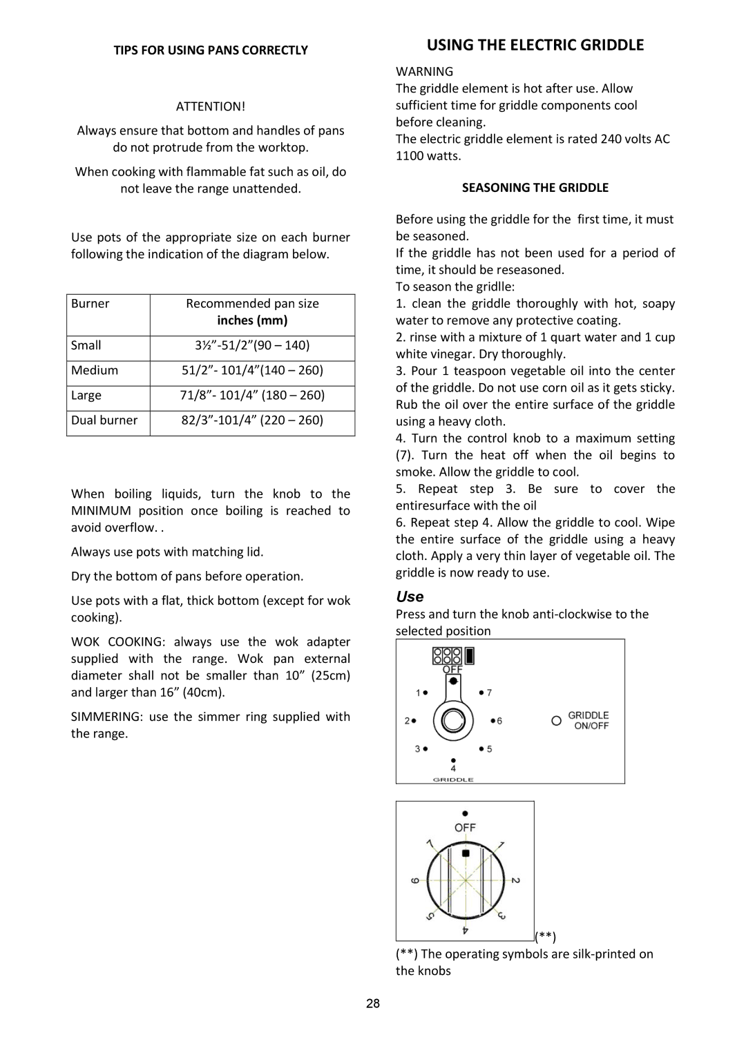 Bertazzoni (A, X)486GPIRX, X)486GPIRVI Using the Electric Griddle, Tips for Using Pans Correctly, Seasoning the Griddle 