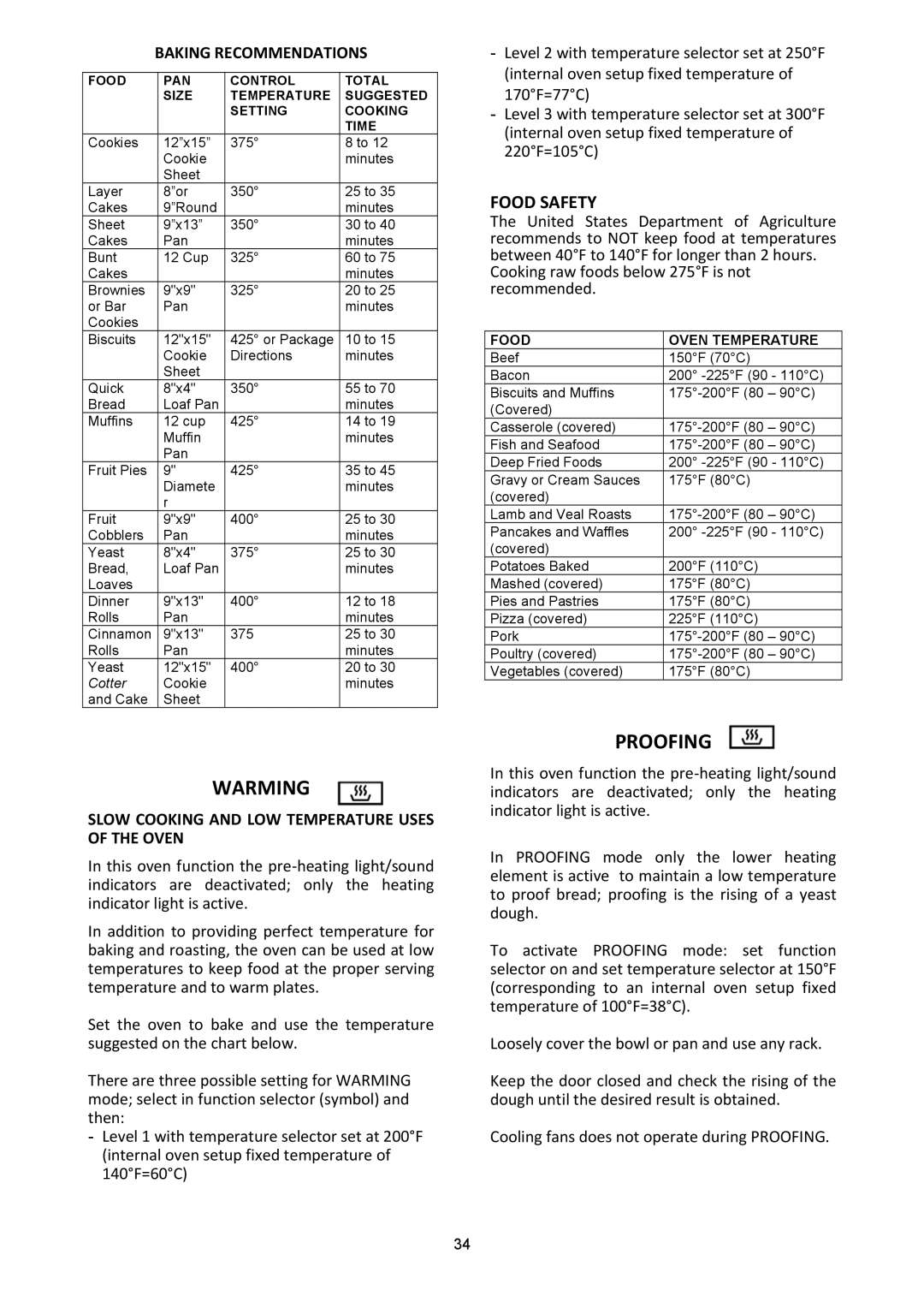 Bertazzoni X)486GPIRBL, (A Warming, Proofing, Baking Recommendations, Slow Cooking and LOW Temperature Uses of the Oven 