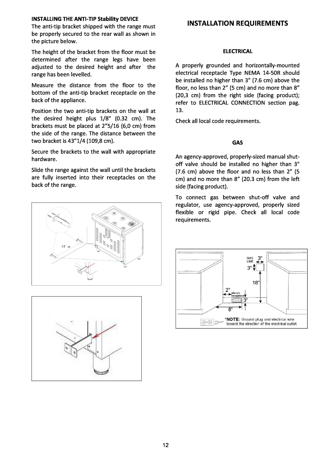 Bertazzoni X)486GPIRBI, X)486GPIRX, (A manual Installation Requirements, INSTALLING THE ANTI‐TIP Stability DEVICE, Electrical 