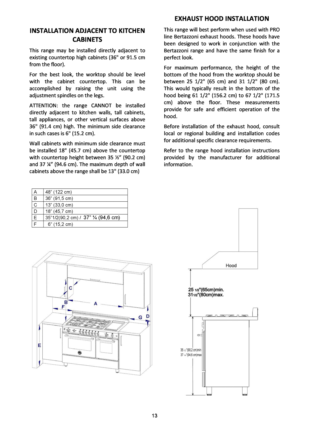 Bertazzoni X)486GPIRVE, X)486GPIRX, X)486GPIRVI, (A Installation Adjacent To Kitchen Cabinets, Exhaust Hood Installation 