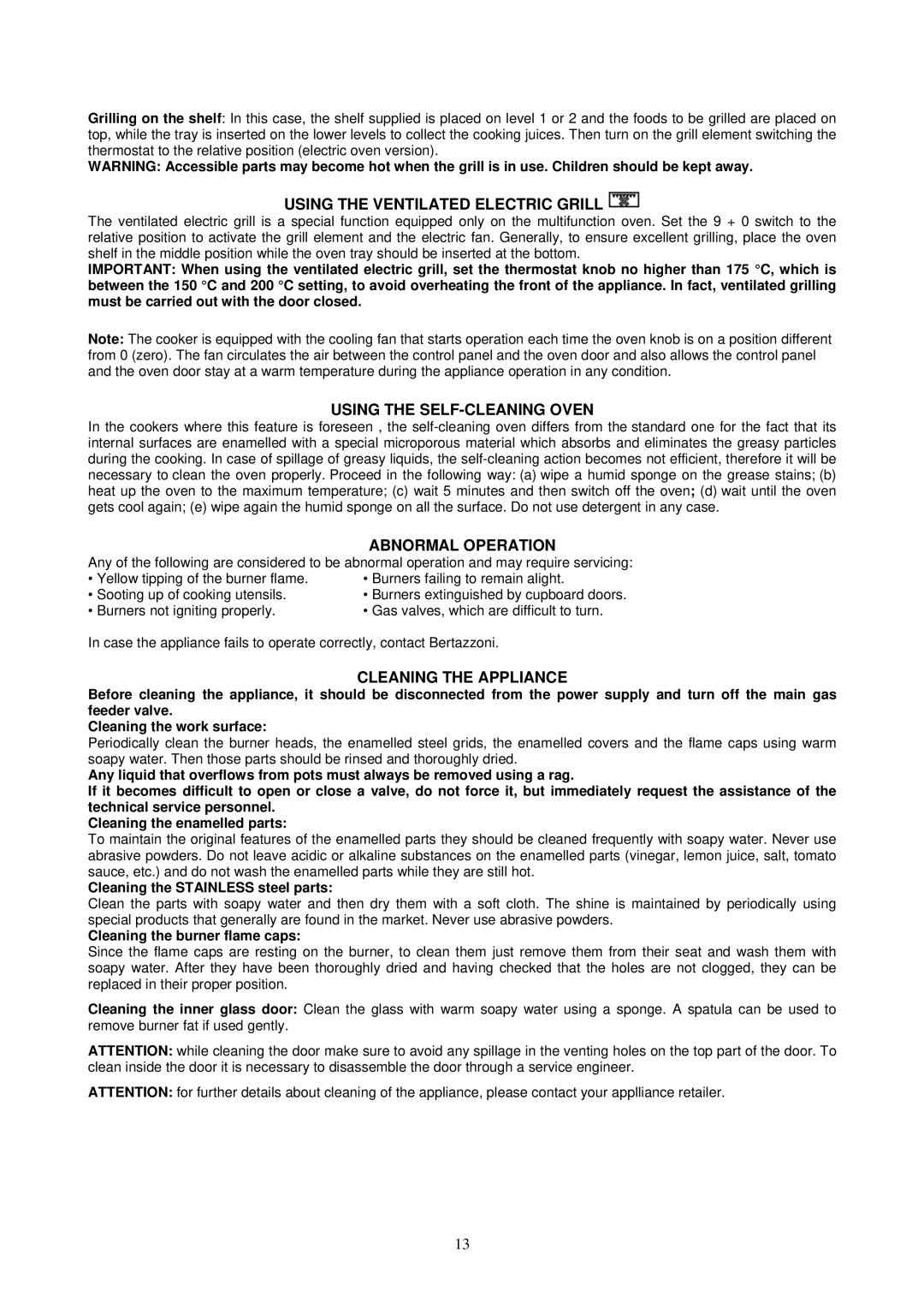 Bertazzoni X906MFE, X906GEV manual Using the Ventilated Electric Grill, Using the SELF-CLEANING Oven, Abnormal Operation 