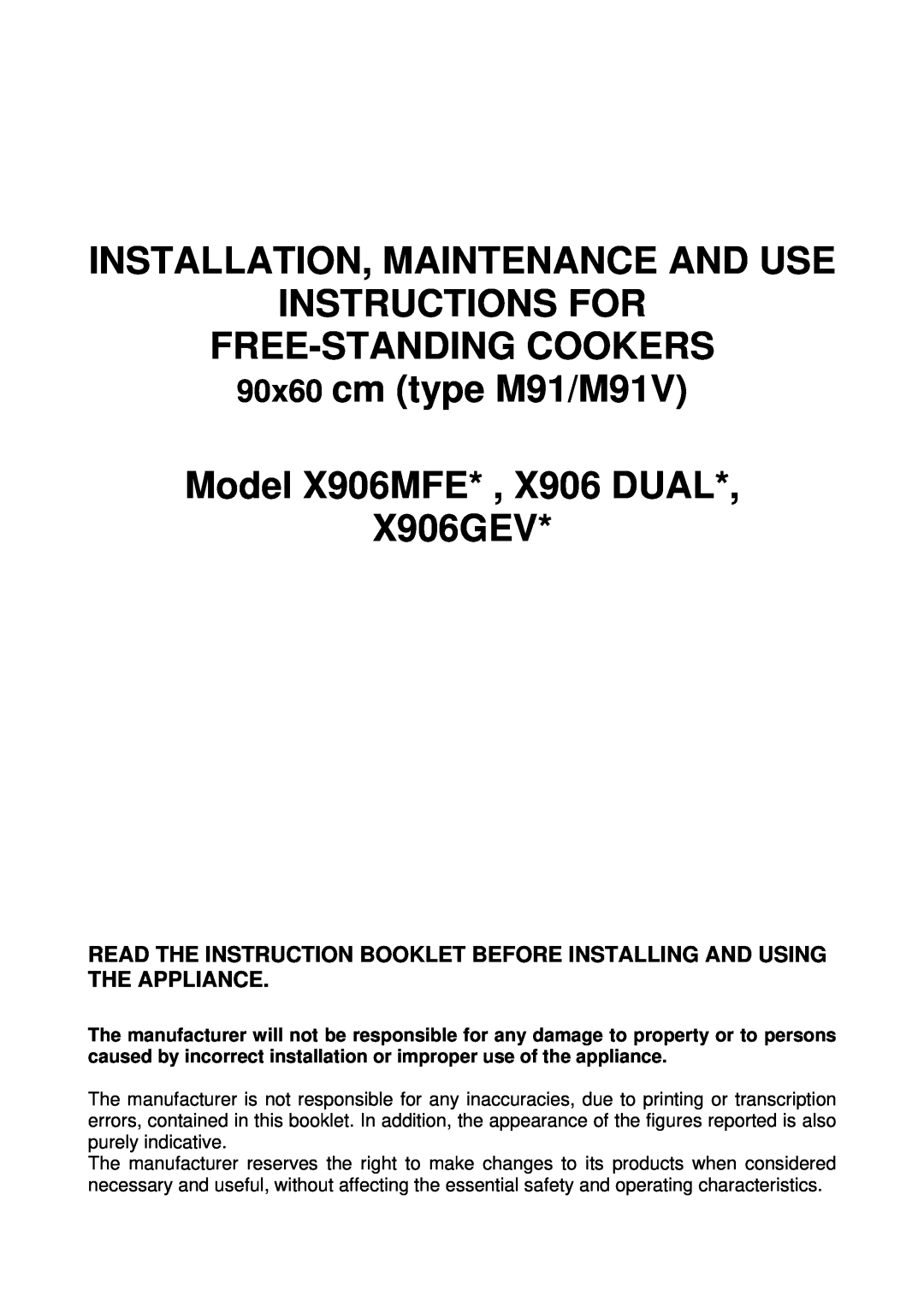 Bertazzoni X906MFE, X906 DUAL manual Installation, Maintenance And Use, Instructions For Free-Standingcookers, X906GEV 