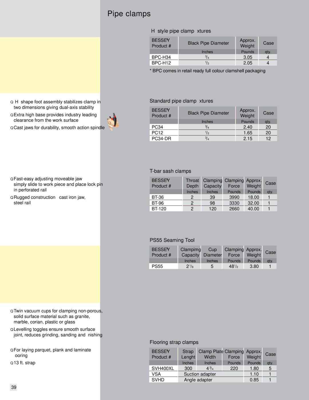 Bessey PS55 manual Product #, Case, 3990 18.00 3330 32.00, 40.00, Flooring strap clamps 