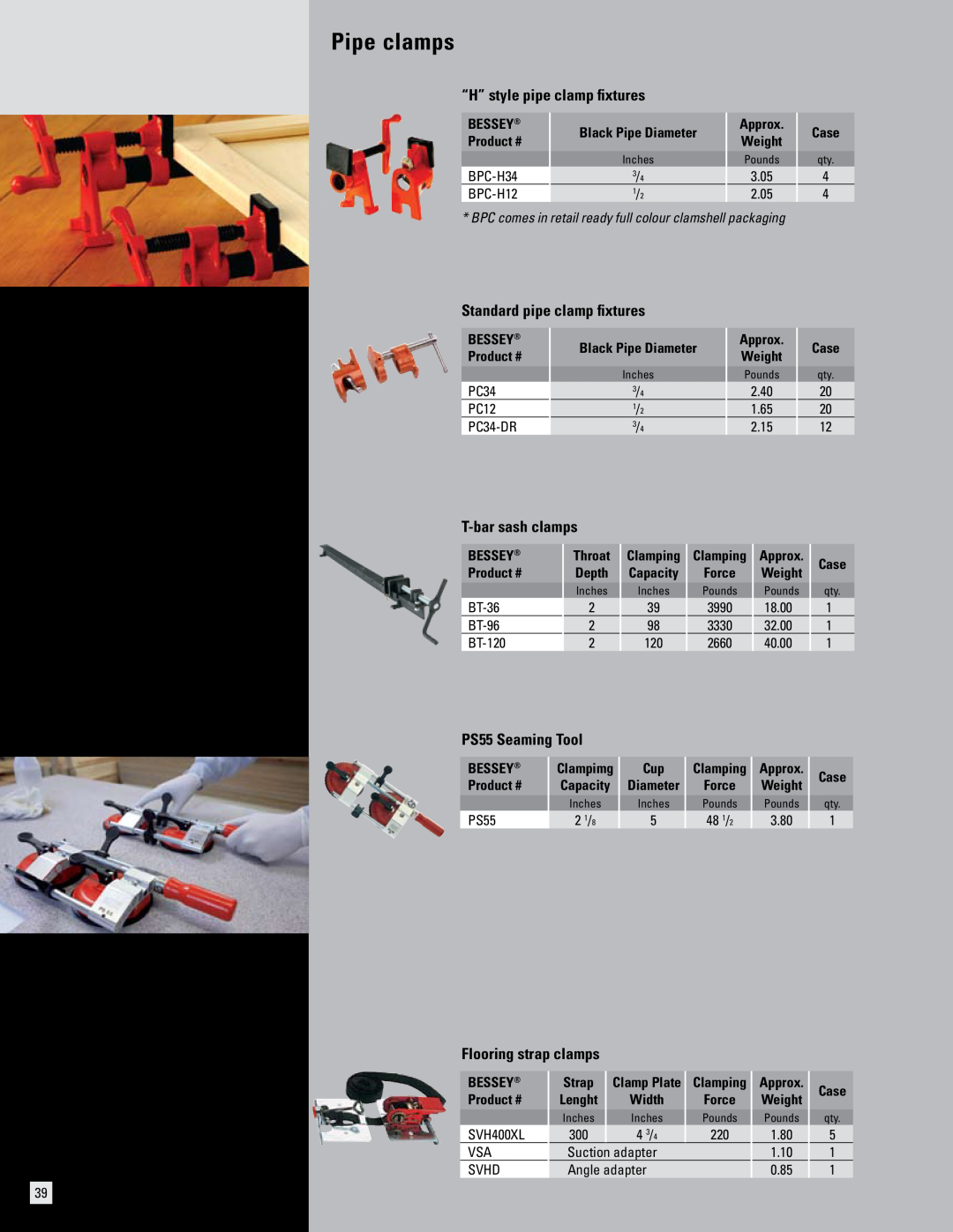 Bessey Pipe clamps, “H” style pipe clamp fixtures, Standard pipe clamp fixtures, T-bar sash clamps, PS55 Seaming Tool 