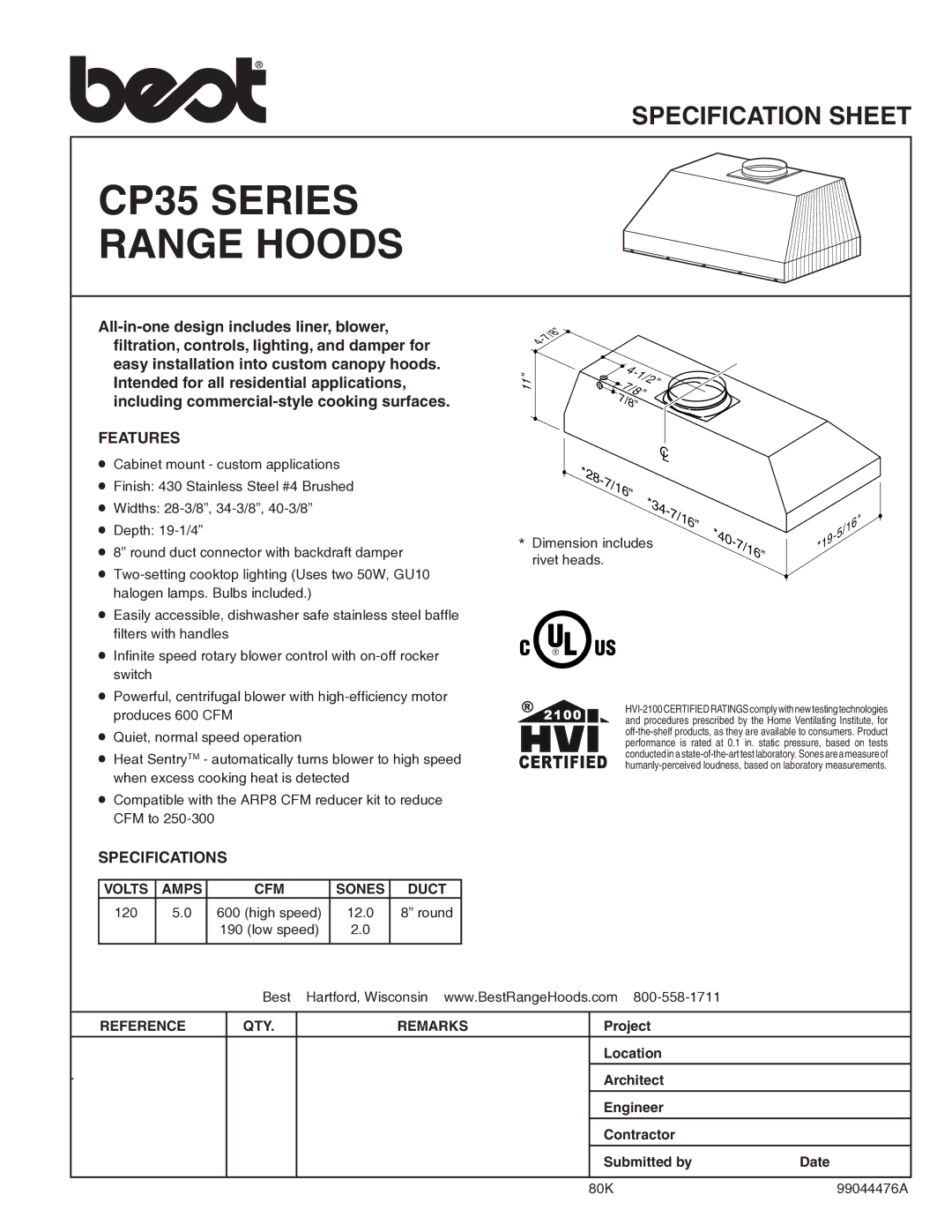 Best specifications CP35 Series Range Hoods, 40-7/16, Features, Specifications 