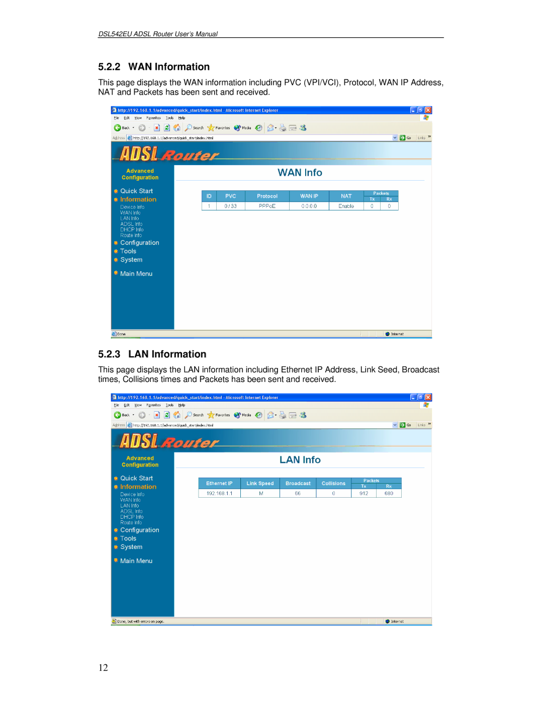 Best Data Products DSL542EU manual WAN Information, LAN Information 