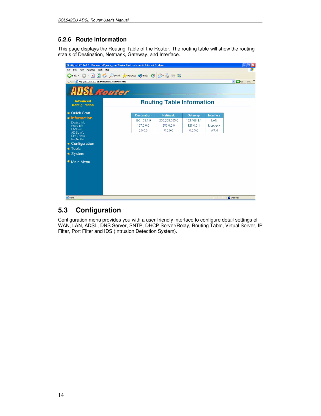 Best Data Products DSL542EU manual Configuration, Route Information 