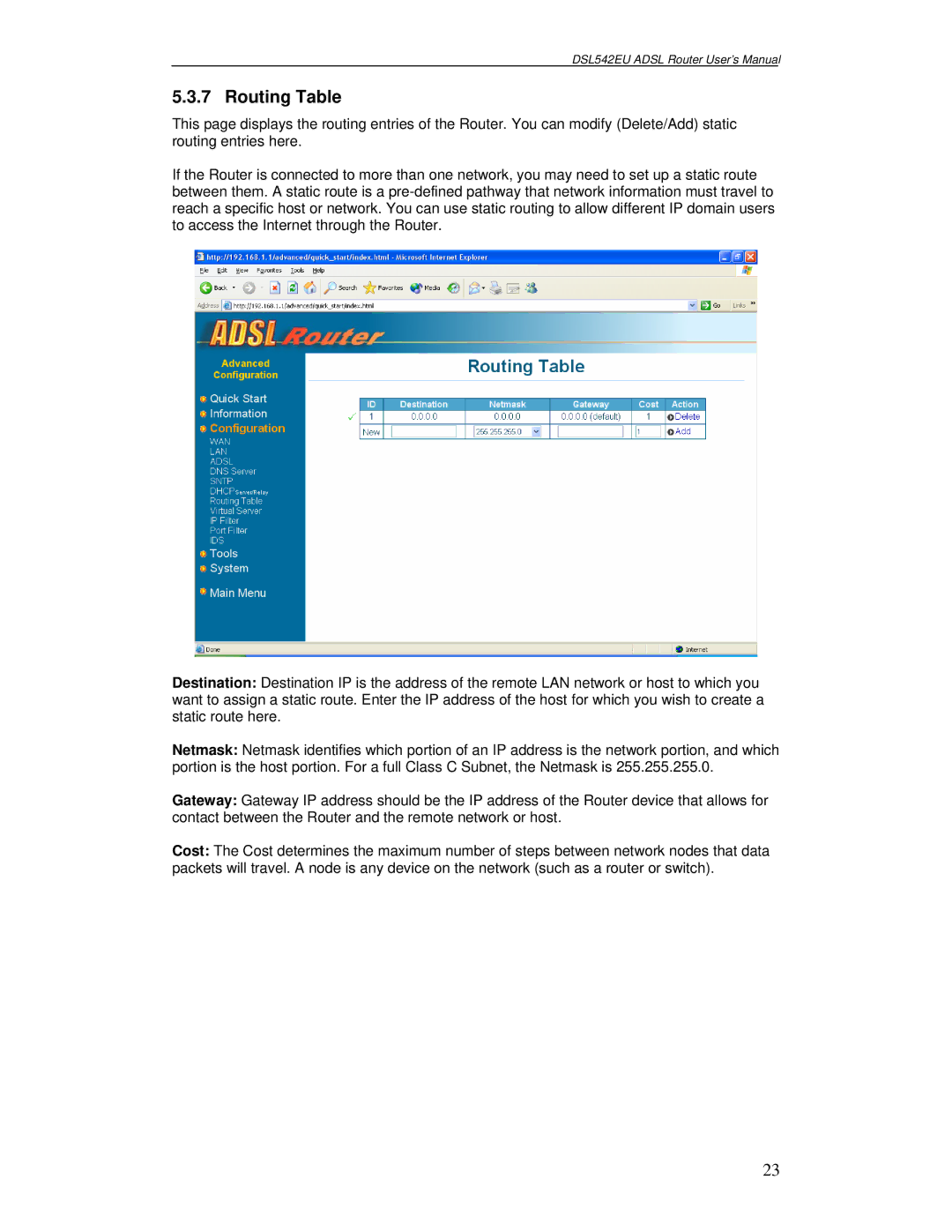 Best Data Products DSL542EU manual Routing Table 