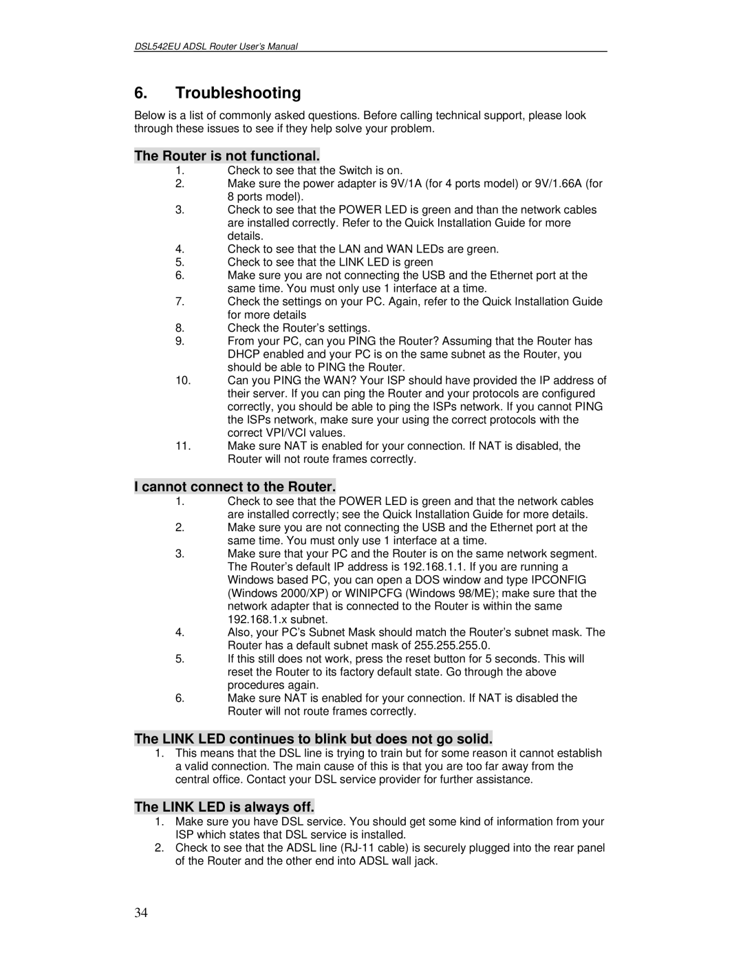 Best Data Products DSL542EU manual Troubleshooting, Router is not functional, Cannot connect to the Router 