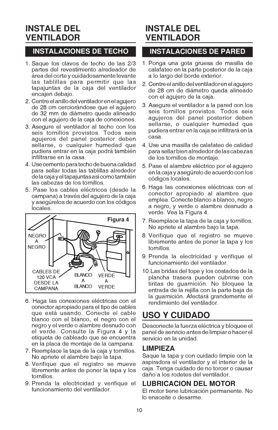 Best EB9, EB6 manual Instale DEL Ventilador, USO Y Cuidado, Instalaciones DE Techo, Limpieza, Lubricacion DEL Motor 