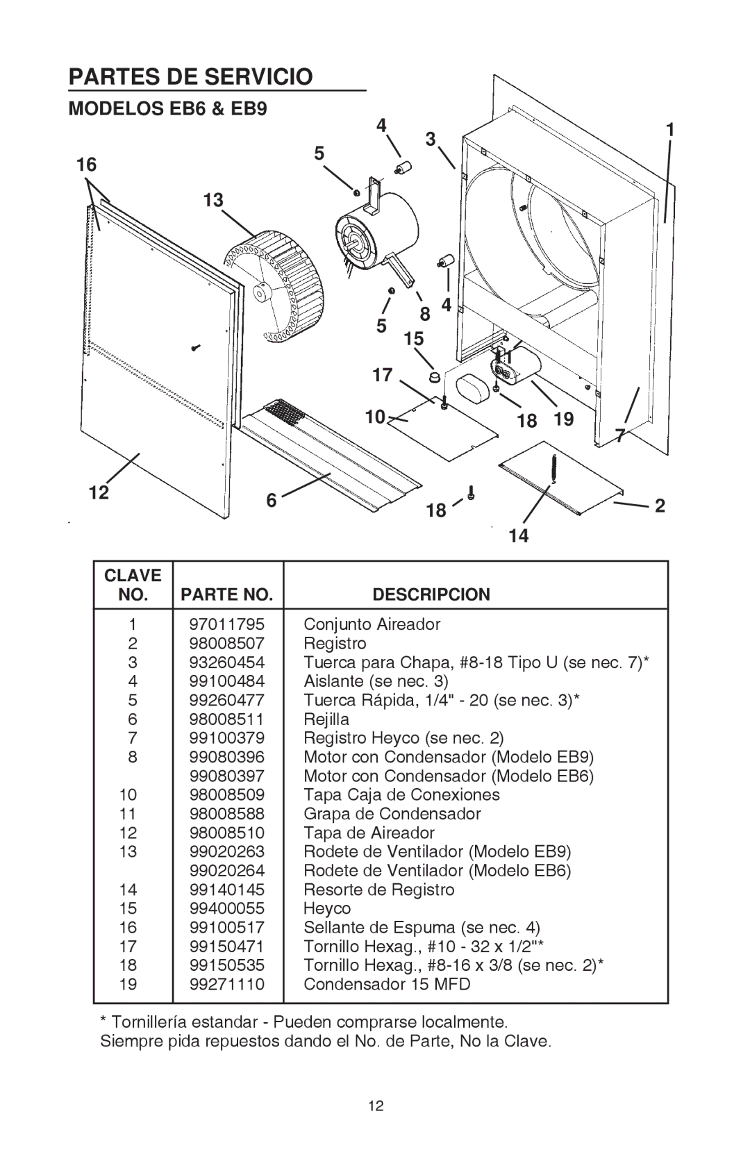 Best manual Partes DE Servicio, Modelos EB6 & EB9, Clave Parte no Descripcion 