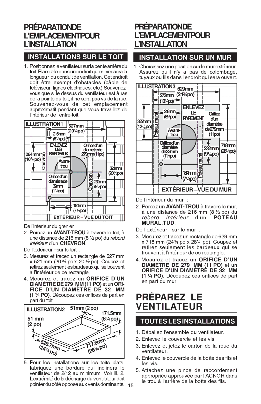 Best EB6, EB9 manual Préparationde L’EMPLACEMENTPOUR L’INSTALLATION, Installations SUR LE Toit, Installation SUR UN MUR 