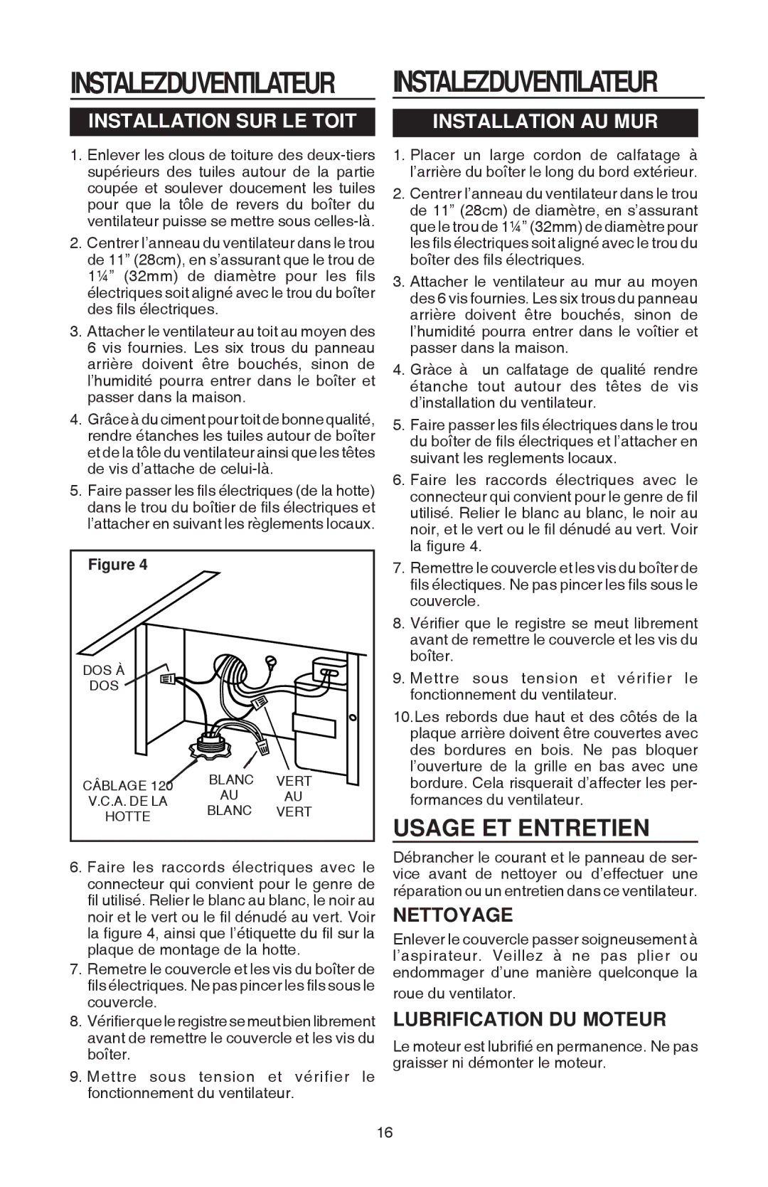 Best EB9, EB6 manual Usage ET Entretien, Installation SUR LE Toit, Installation AU MUR, Nettoyage, Lubrification DU Moteur 