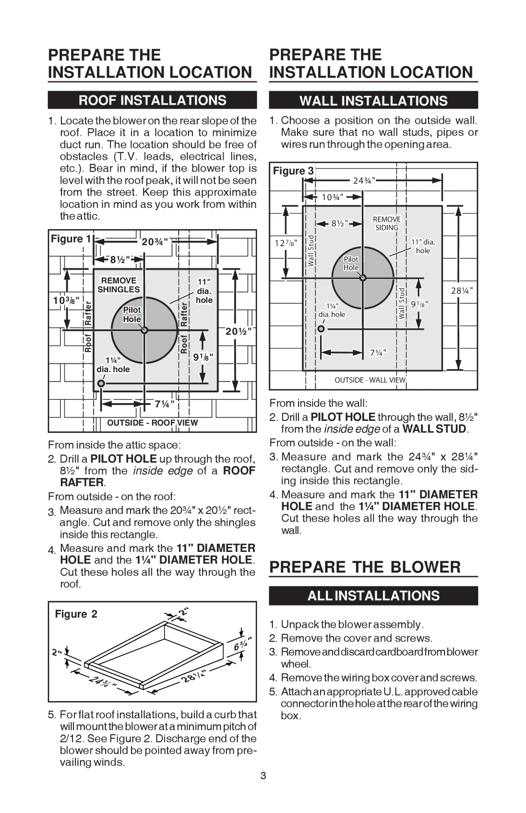 Best EB6, EB9 manual Prepare Installation Location, Prepare the Blower, Roof Installations Wall Installations 