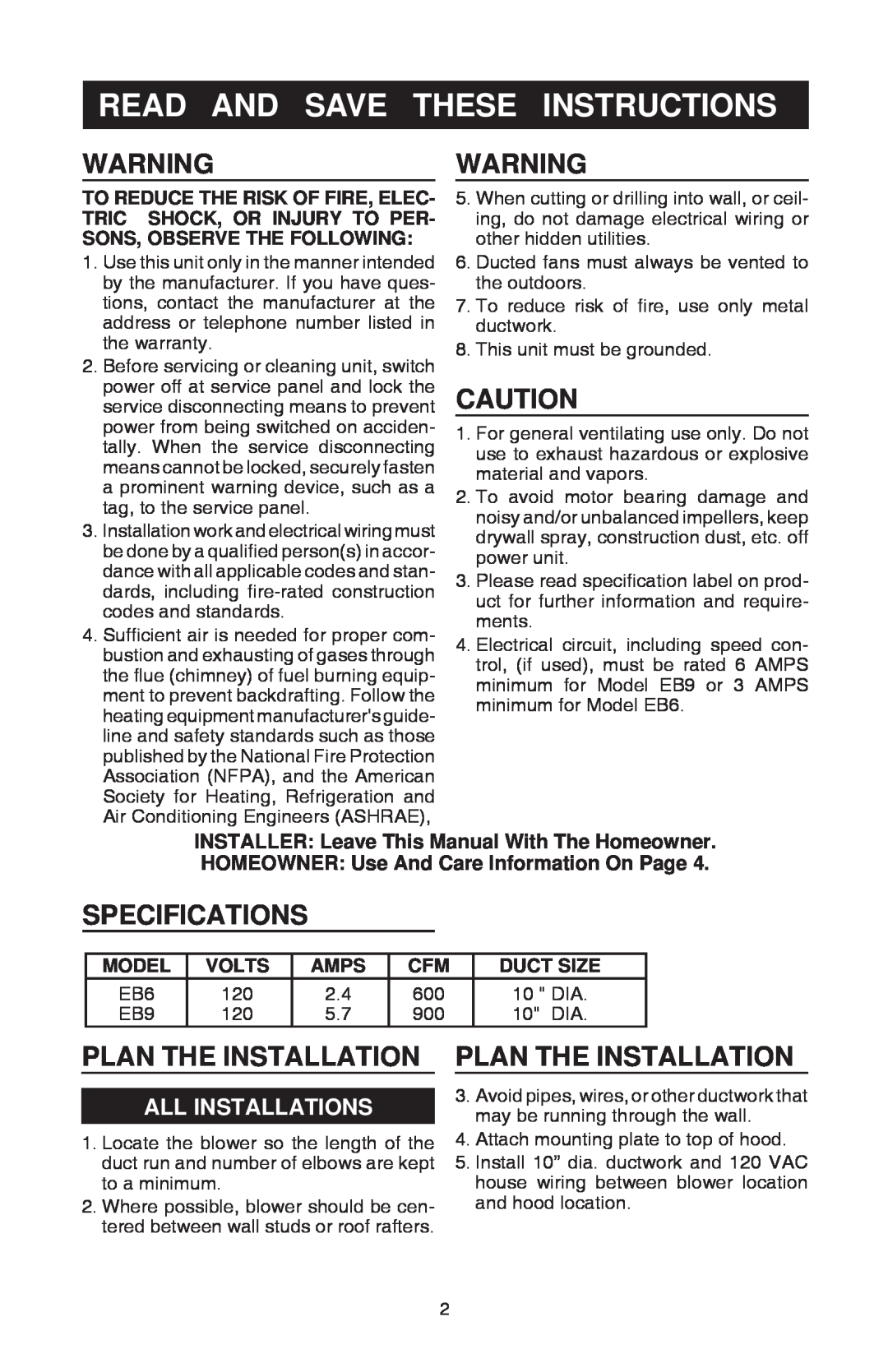 Best EB9, EB6 manual Read And Save These Instructions, Specifications, Plan The Installation, All Installations 