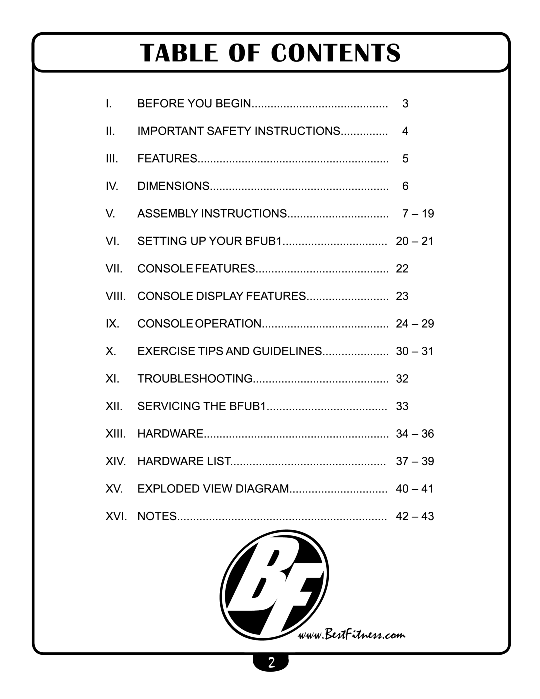 Best Fitness BFUB1 manual Table of Contents 