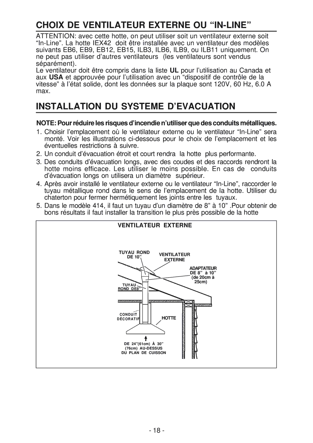 Best IEX42 manual Choix DE Ventilateur Externe OU IN-LINE, Installation DU Systeme D’EVACUATION 