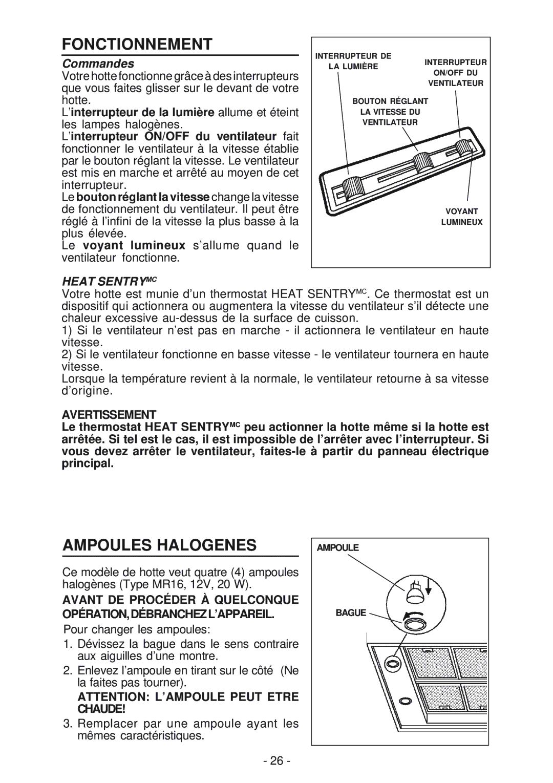 Best IEX42 manual Fonctionnement, Ampoules Halogenes, Commandes, Avertissement 