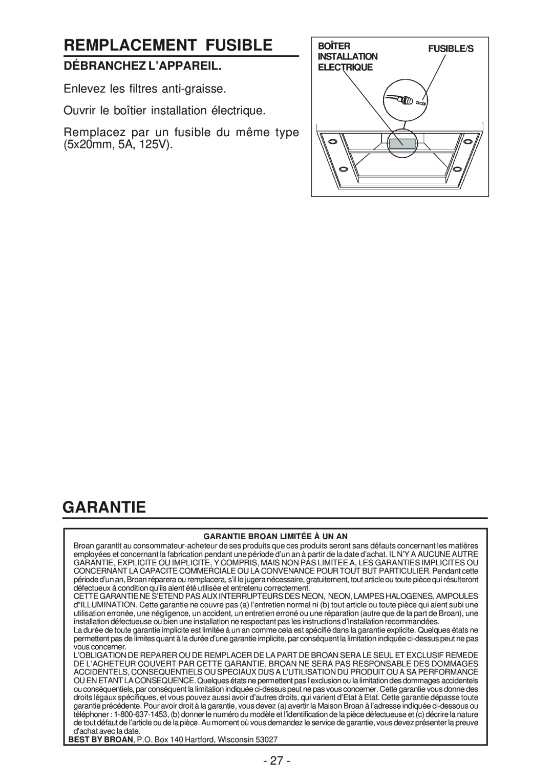 Best IEX42 manual Remplacement Fusible, Garantie, Débranchez L’APPAREIL 