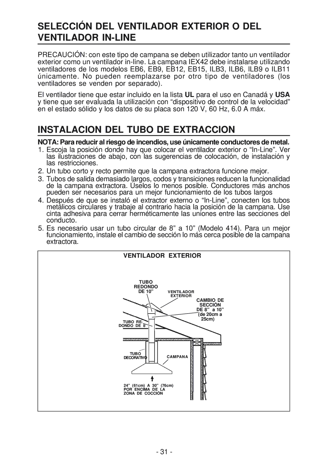 Best IEX42 manual Selección DEL Ventilador Exterior O DEL Ventilador IN-LINE, Instalacion DEL Tubo DE Extraccion 