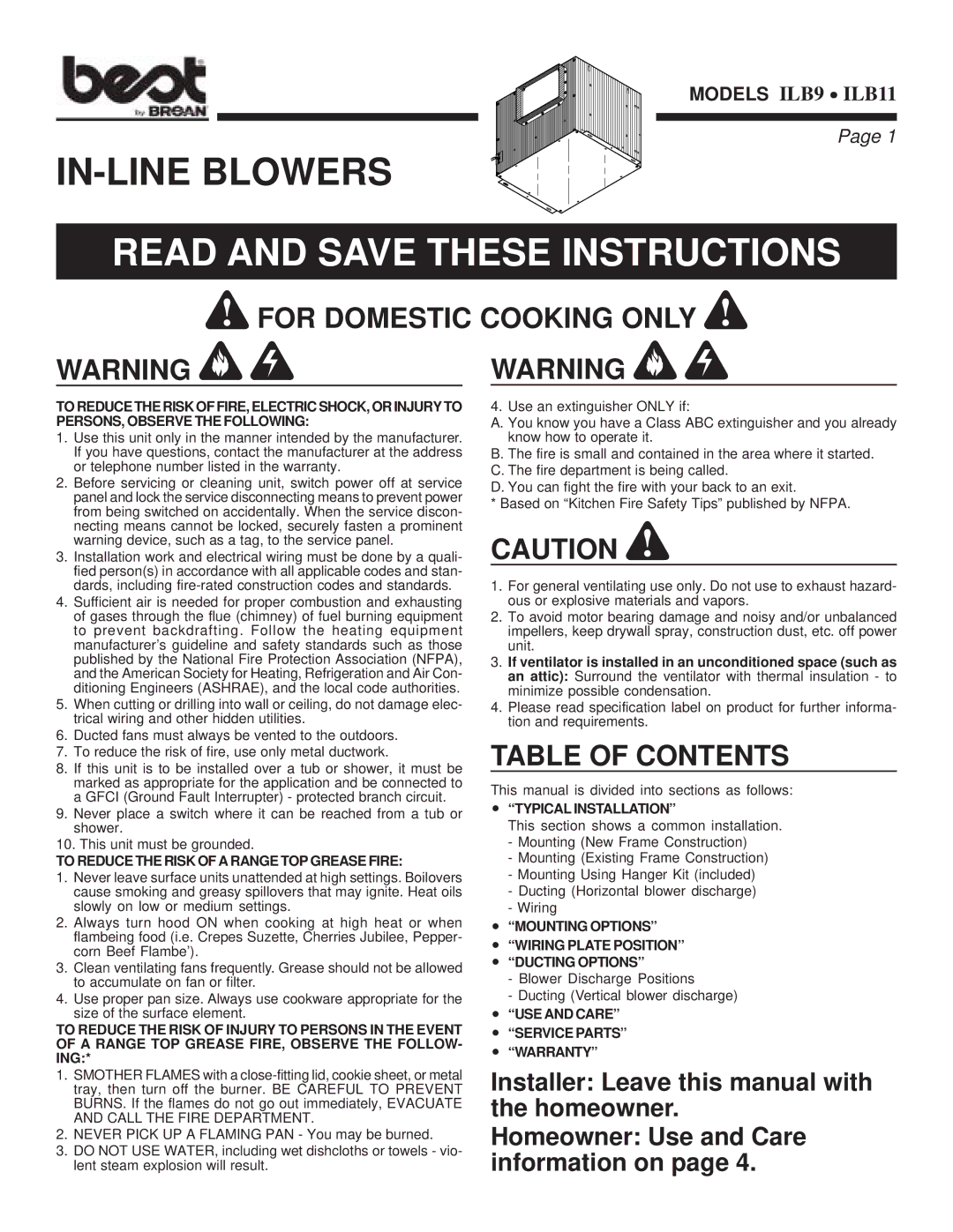 Best ILB9, ILB11 warranty For Domestic Cooking only, Table of Contents 