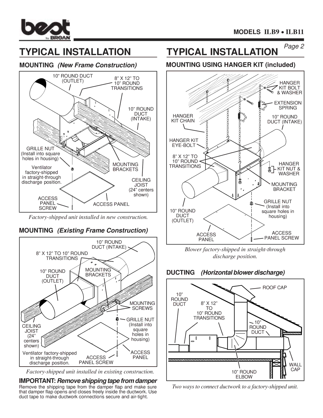 Best ILB11, ILB9 warranty Typical Installation, Mounting New Frame Construction, Mounting Existing Frame Construction 