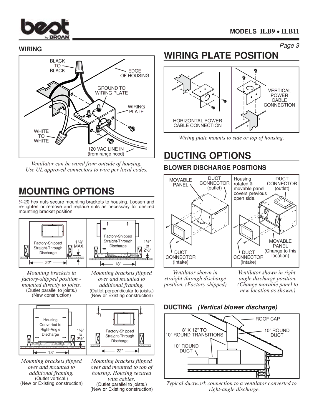 Best ILB9, ILB11 warranty Wiring Plate Position, Ducting Options, Mounting Options, Ducting Vertical blower discharge 