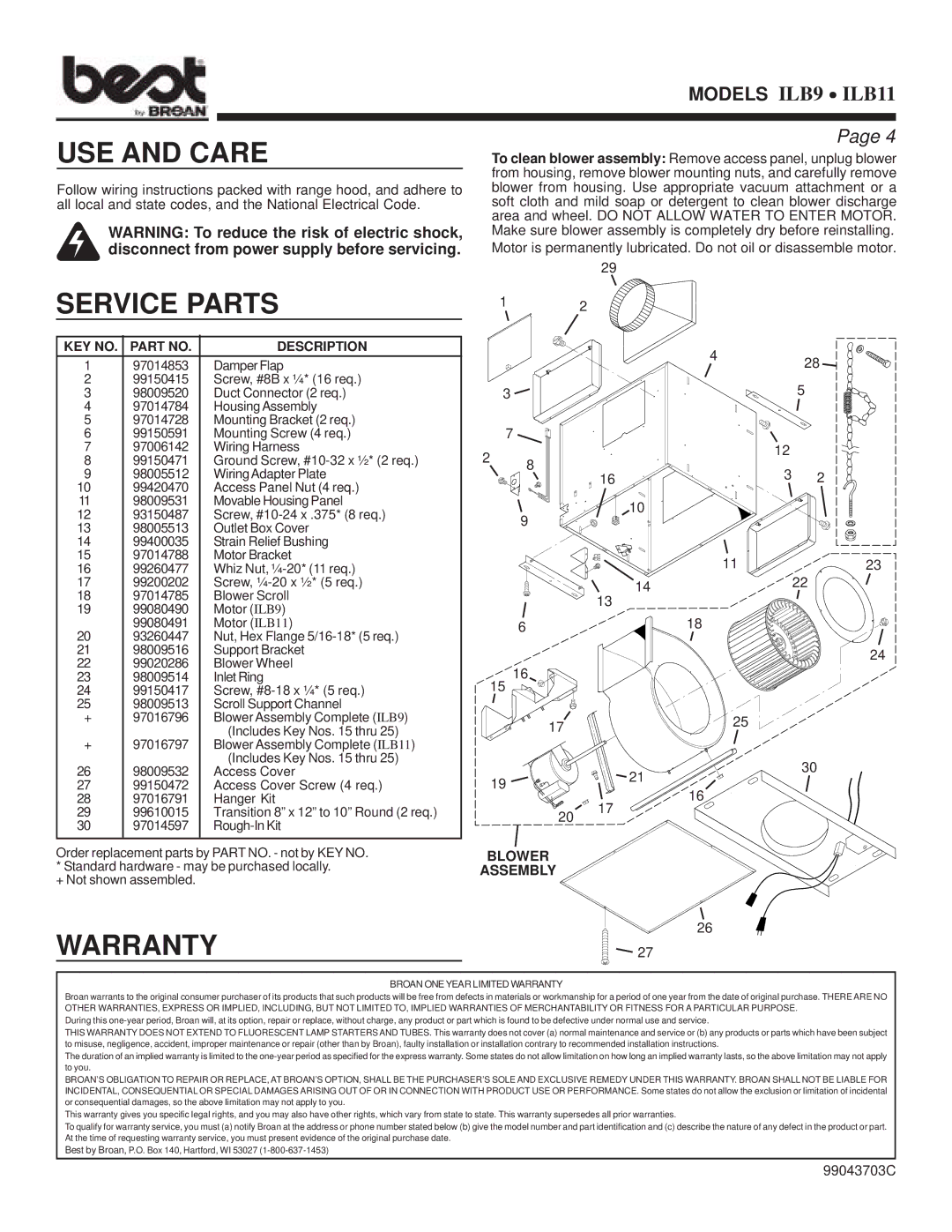 Best ILB11, ILB9 warranty USE and Care, Service Parts, Warranty, Blower Assembly 