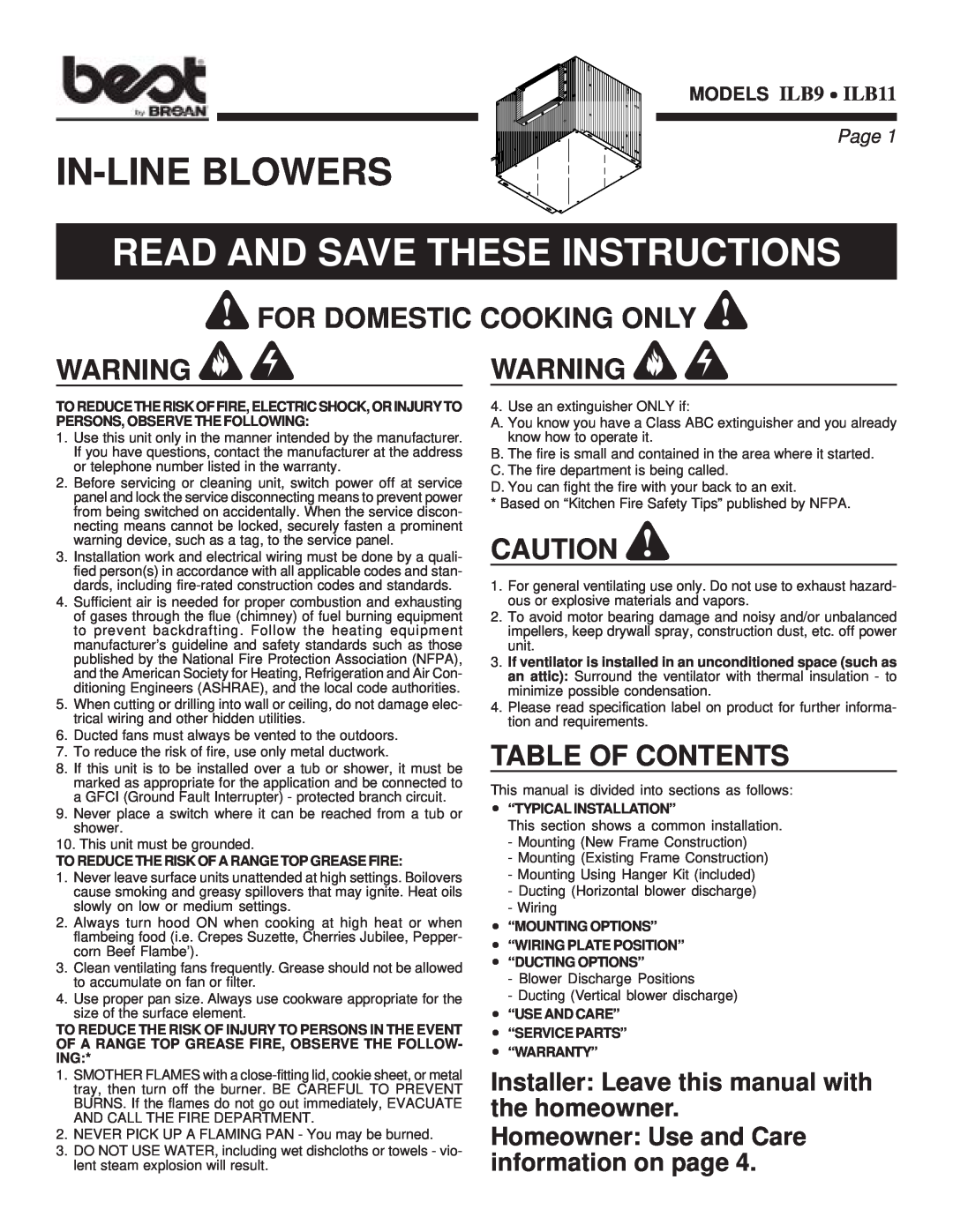 Best ILB9, ILB11 warranty For Domestic Cooking Only Warning Warning, Table Of Contents, Page, In-Line Blowers 