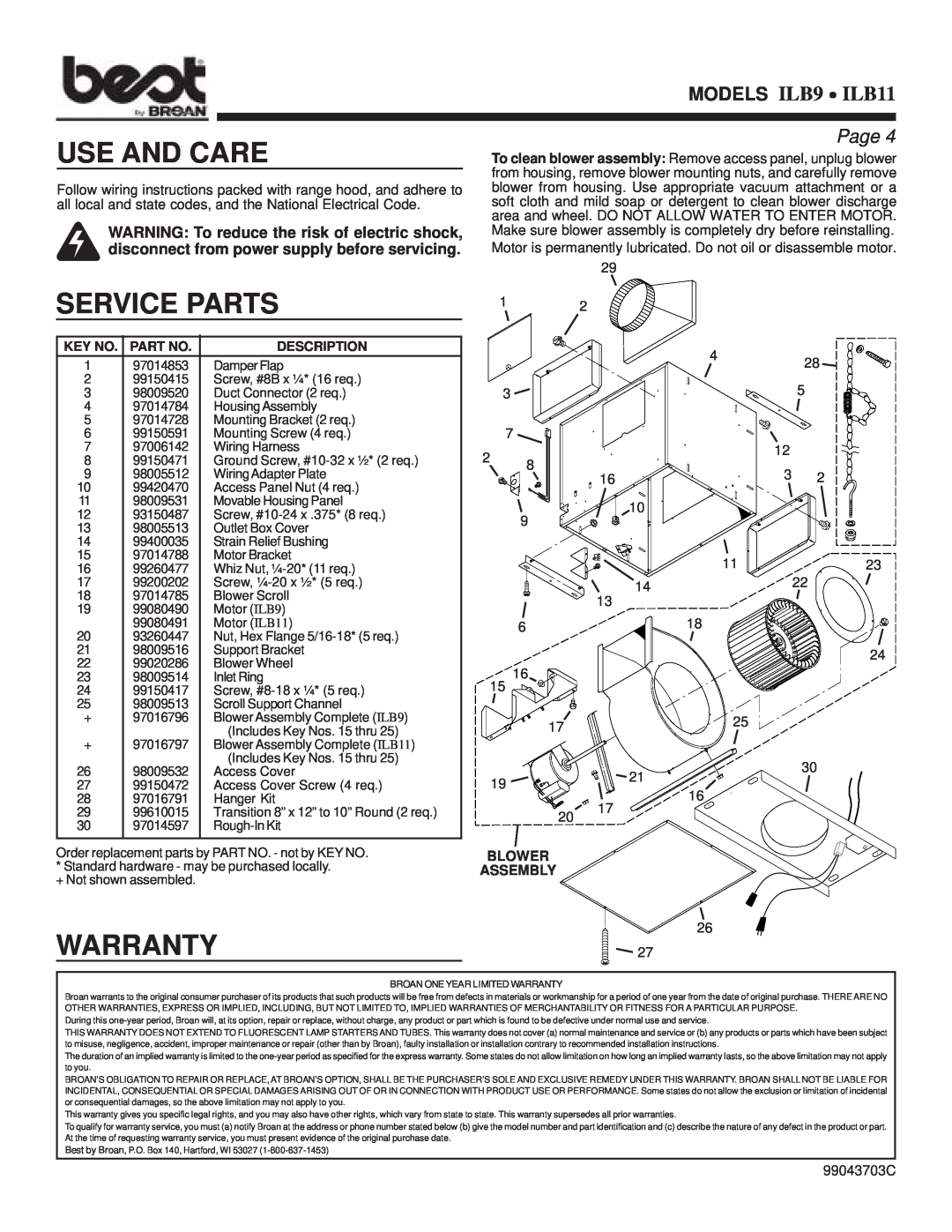 Best Use And Care, Service Parts, Warranty, Page, MODELS ILB9 ! ILB11, WARNING To reduce the risk of electric shock 