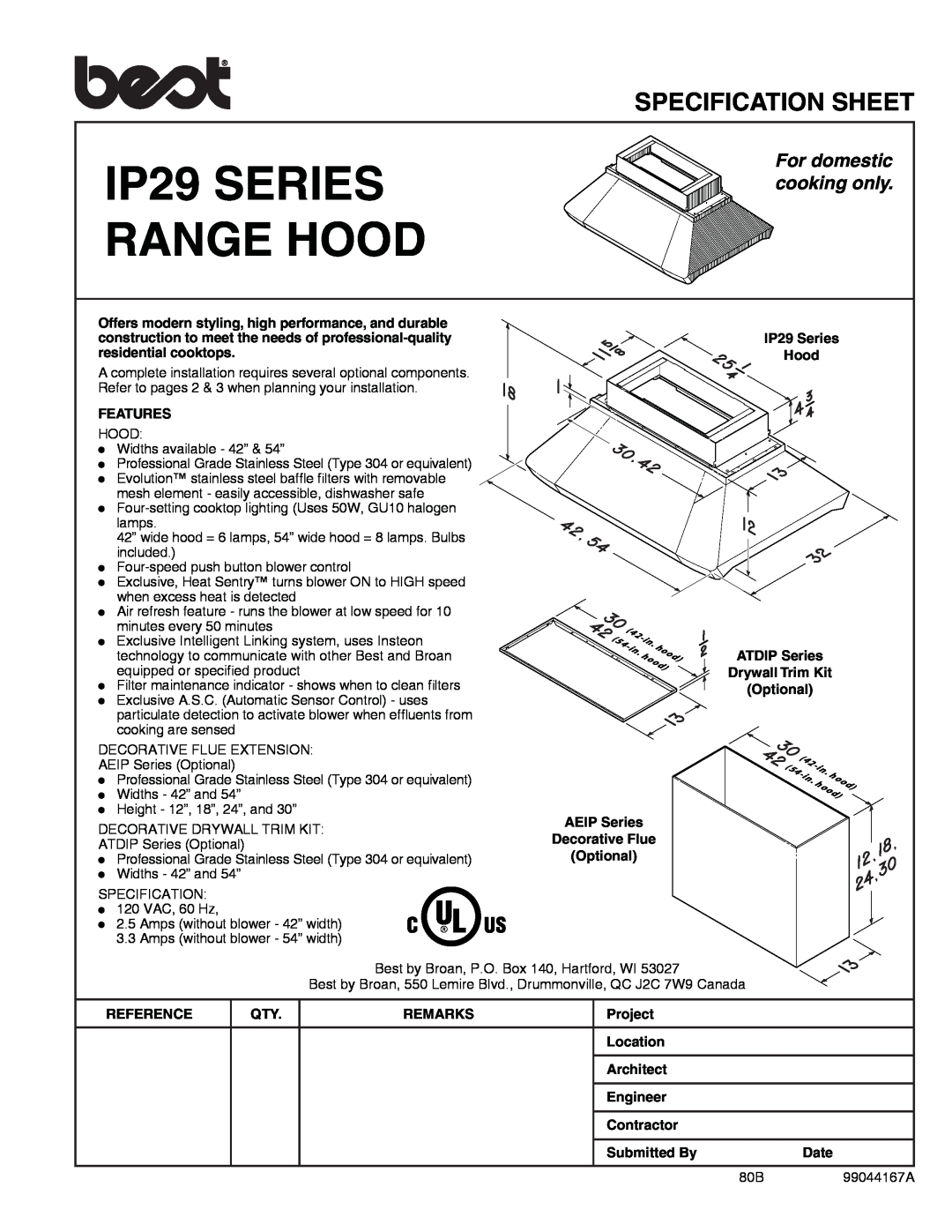 Best specifications IP29 SERIES RANGE HOOD, Specification Sheet, For domestic cooking only 