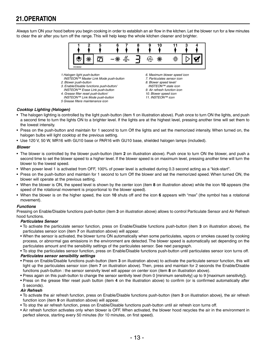 Best IP29M Series installation instructions Operation, Cooktop Lighting Halogen 